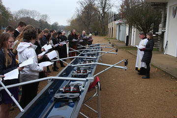 Blessing the new womens' boat: Blessing led by Fr Oswald McBride